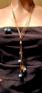 NWT Turquoise Pendant Cross Gold Tone Layered Chain Length 28" w/Earrings Set - Picture 1 of 2