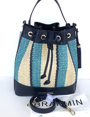 Brahmin Marlowe Navy Anguilla Straw Stripe Smooth Leather Drawstring Bucket Bag - Image 1 of 4