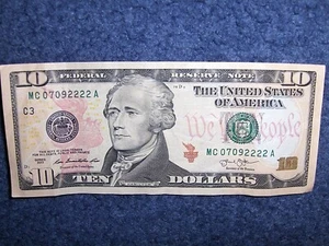U.S. TEN DOLLAR NOTE WITH COOL 4-OF-A-KIND SERIAL NUMBER! **FREE SHIPPING**! - Picture 1 of 6