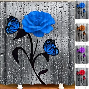 Bathroom Shower Curtain Set Printed Rose Pattern Waterproof with Hooks Bath Mat - Picture 1 of 20