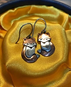 orecchini pendenti goccia volpe simpatica argento 925 e bronzo vintage - Foto 1 di 3