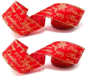 2 Rolls Wired Ribbon Christmas Gold Holiday Script on Red 2.5" x 16 yards - Picture 1 of 3