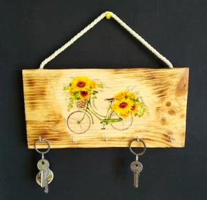 Key Holder Sunflowers Bicycle Wooden Key Hanger Wall Hanging 5 Hooks Handmade - Picture 1 of 4