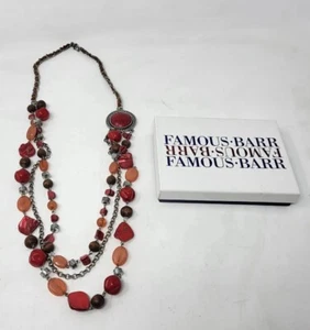 Vintage Red Beads 3 Layers Necklace Wood Silver Tone Layered 17" 34 inches - Picture 1 of 4