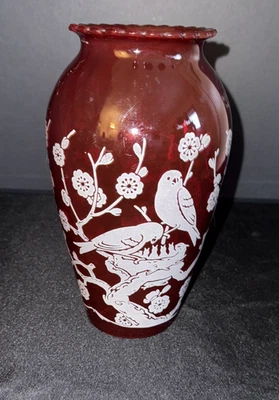 Vintage Anchor Hocking Royal Ruby Red Glass Vase White Overly with Bird Family - Image 1 of 4