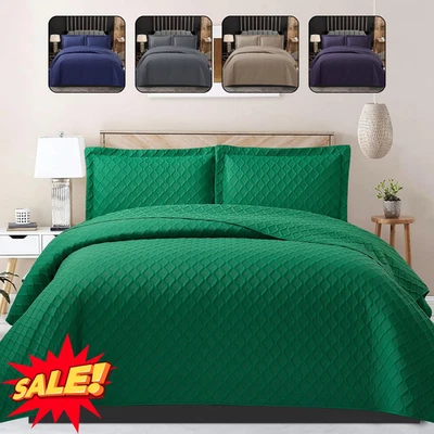 3 Piece Quilted Bed Throw Diamond Bedspread Single Double King Size Bedding Set - Image 1 of 4