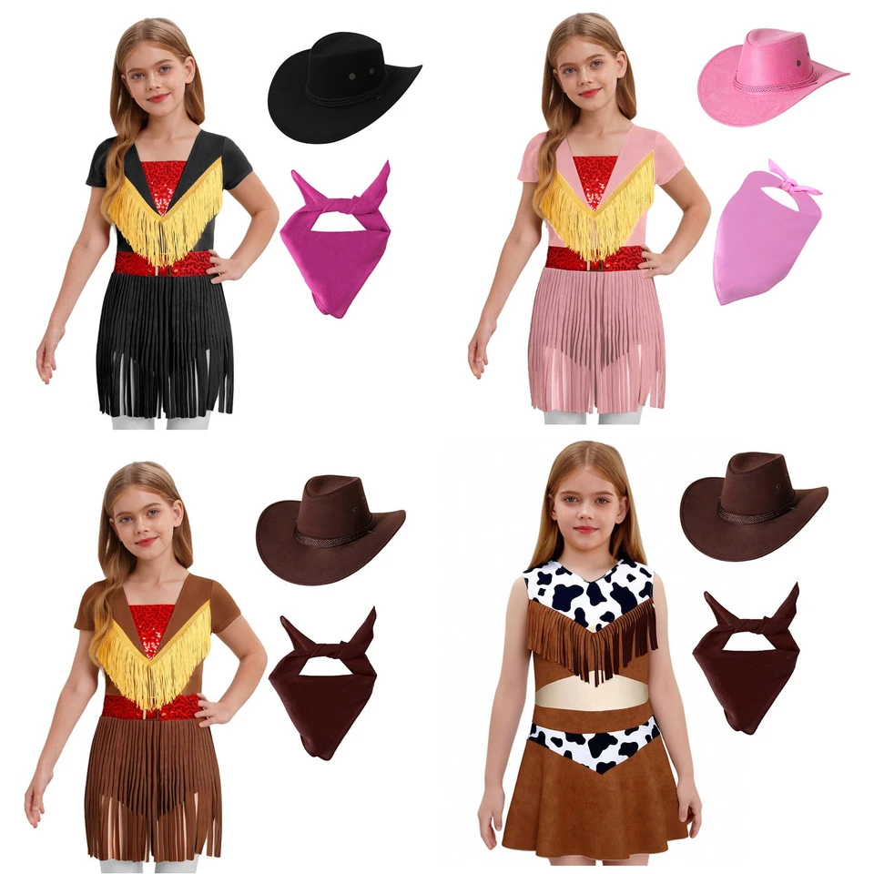 Niños Niñas 3 piezas Vaquera Cosplay Vestido Borlas Línea A Western Disfraz  Foto 1 de 1