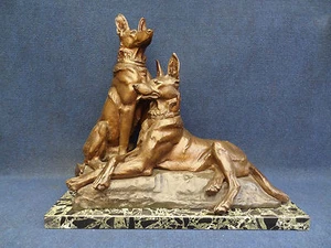 ANTIQUE LARGER BRONZE SCULPTURE PAIR GERMAN SHEPHERDS M.FIOT COLLECTOR'S BRONZE - Picture 1 of 12