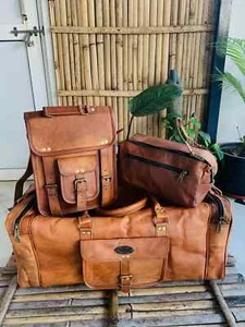 Goat Leather Gym Men Travel Luggage Bag Genuine Brown Vintage Free Complete Set - Picture 1 of 6