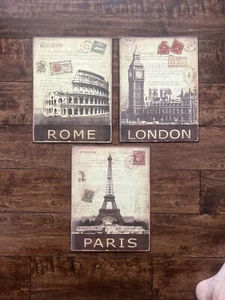 3 Metall Reise Postkarten gelb braun Wandbild Blechschilder Plaketten Rom London - Bild 1 von 5