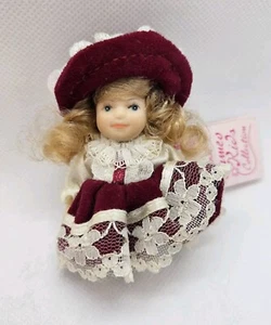 Miniature Cameo Kids Collection Porcelain Doll Lace Burgundy Dress & Hat Blonde - Picture 1 of 11