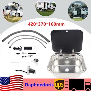 Fregadero de cocina lavabo manual de acero inoxidable para caravana autocaravana caravana cámper con tapa + kit de grifo - Imagen 1 de 13