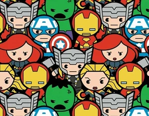 MARVEL KAWAII  MULTI  AVENGERS ASSEMBLE  SUPERHEROES  COTTON FABRIC  BY THE YARD - Picture 1 of 2