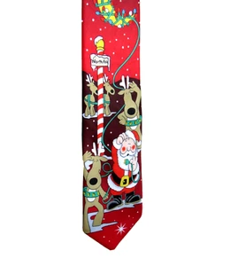 Santa and Reindeer at North Pole Stringing Lights on Moon Christmas Necktie - Bild 1 von 6