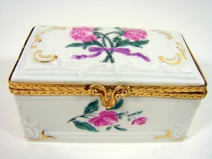 Vintage Boîte à Bijoux Porcelaine Limoges Décor Peint Monture Laiton Doré Signée - Imagen 1 de 12