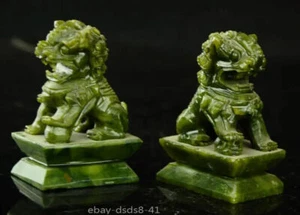 Chinese Green Jade Carving Fengshui Foo Fu Dog Guardion Door Lion - Picture 1 of 9