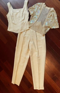 Joseph Ribkoff 3 Pc Set Ivory Gold Pants Sleeveless Top Beads Sequin Jacket Sz 8 - Picture 1 of 13