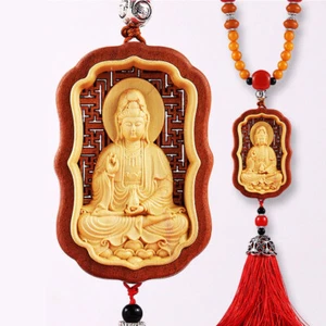 Pendant Boxwood Buddhist Guanyin Bodhisattva Fu Peace Fu Car Decoration New - Picture 1 of 9