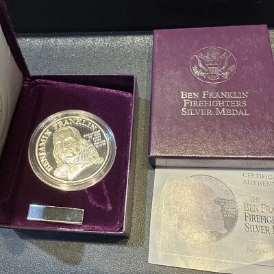 1992 Ben Franklin Firefighters 1 oz Silver Proof Medal with Box & COA - Image 1 of 4