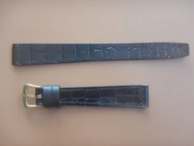 12mm 13mm BRACELET TISSOT ALLIGATOR COUSU NOIR BOUCLE DORÉE SIGNÉE NOS ANNÉES 60 - Photo 1/4