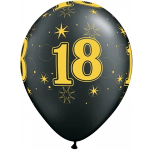18th Birthday Party Supplies Latex Balloons 28cm Black with gold Ink (Pk.10) - Picture 1 of 1
