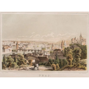 Praga Vedute Castillo Puente de Carlos litografía a color Conrad Schacher alrededor de 1860 vista - Imagen 1 de 4