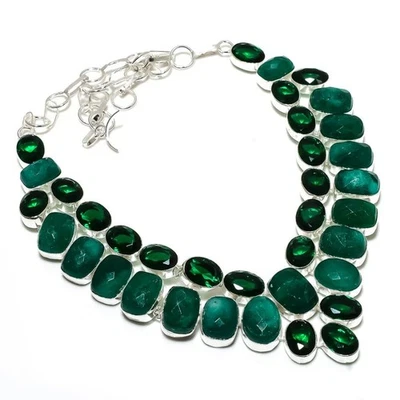 Emerald(Simulated) Diopside 925 Sterling Silver Jewelry Necklace 18" l486 - Image 1 of 3