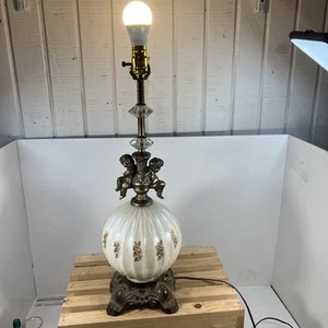 MCM 1970 Brass Glass, 28” Tall Table Lamp, Cherub - Picture 1 of 10