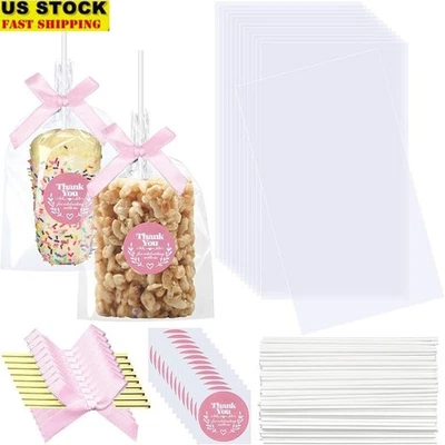 Bolsas de golosinas de arroz transparentes con cintas de palos pegatinas de agradecimiento artesanías de panadería nuevas Foto 1 de 4
