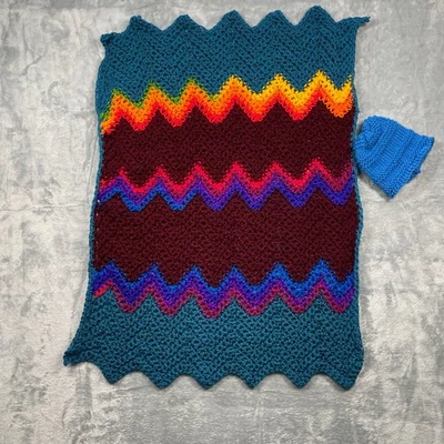 Handmade Crochet Baby Blanket Hat Set Rainbow Chevron Teal Burgundy Warm Cozy - Image 1 of 4