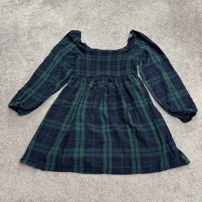 Old Navy Smocked Baby Doll Mini Dress Womens Medium Blue Green Plaid Puff Sleeve - Image 1 of 4