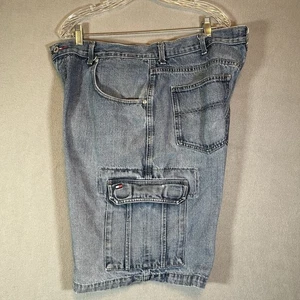 Vintage Tommy Hilfiger Baggy Cargo Shorts Mens 38 Blue Denim Jorts Skater Wide - Picture 1 of 11