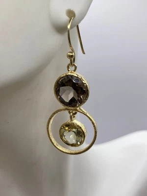 Vintage Brown Smoky Topaz Gold 925 Sterling Silver Drop Chandelier Earrings - Image 1 of 4