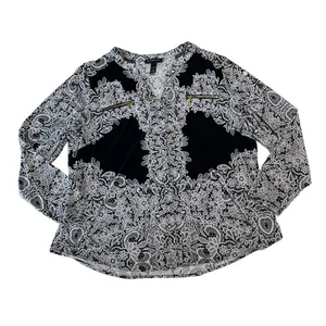 International Concepts Woman 3X B&W Lace Print Pull On Blouse Zipper Pockets - Picture 1 of 4