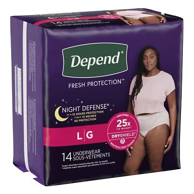KIMBERLY CLARK CORP Depend Night Defense Underwear Women Overnight Blush Large 38" - 44" PK of 14