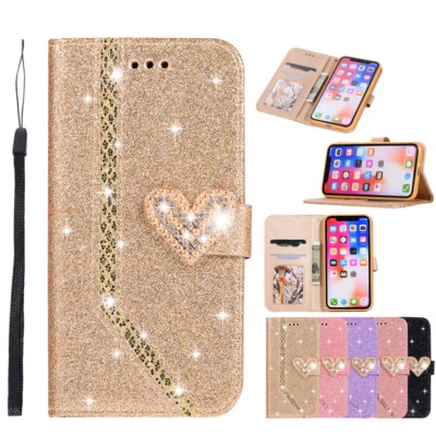 Glitter Wallet Case Card Women Flip Cover for iPhone 16e/15/14/13/12/11 XR SE 8 - Image 1 of 4