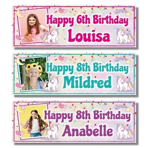 2 PERSONALISED PHOTO UNICORN BIRTHDAY BANNERS - ANY NAME/AGE - 3 COLOURS - Picture 1 of 4