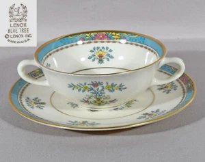 Lenox Blue Tree Cream Soup 2" Tall & Saucer 7" Floral Design Gold Trim - Picture 1 of 9