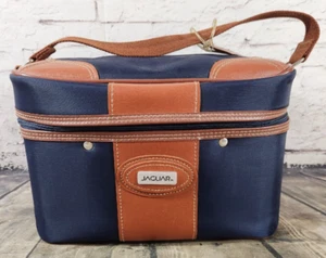 Vintage JAGUAR Train Case Carry On Cosmetic Overnight Bag Navy Blue 12x7x8" - Picture 1 of 10