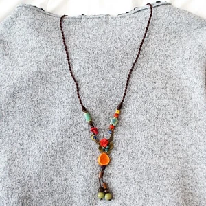Women Ethnic Style Tibetan Pendant Necklace Long Chain + Beads Bracelet #018 - Picture 1 of 7