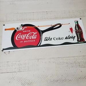 Ande Rooney Porcelain Sign - Coca-Cola Coke Take Coke Along Fishing Rod - Picture 1 of 5