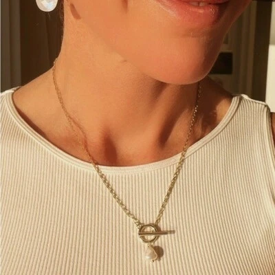 Pearl Pendant Gold Toggle Clasp necklace Non-tarnish & Waterproof summer jewelry - Image 1 of 4