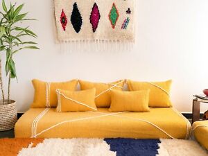 Moroccan Handmade Floor Couch - Unstuffed Cotton Yellow Sofa covers +Pillowcases