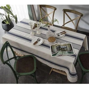 White Blue Tablecloth Cotton Linen Farmhouse Table Cover Soft Washable Table Top - Picture 1 of 6