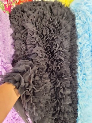 Black Ruffle Pleated Chiffon Lace Fabric Sold By The Yard Embroidery On Mesh  - Image 1 of 4