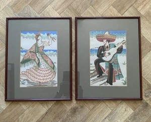 Vintage Framed Embroidery Mexican  Lady Man 1960s Glazed Mid Century Sombrero - Picture 1 of 10