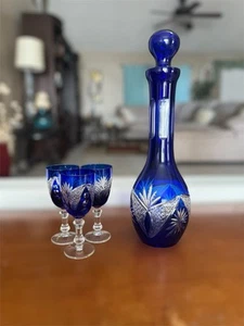 Bohemian Cobalt Blue Cut to Clear Crystal Decanter Set w/Stopper & 3 Globlets - Picture 1 of 21