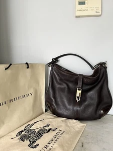 Burberry Willenmore Haymarket Line Hobo Brown Leather Shoulder Handbag - Picture 1 of 16