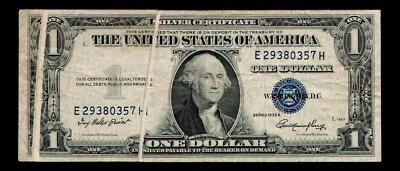 ((Gutter Fold Error)) $1 1935-E Silver Certificate Blue Seal Free Shipping (B75) - Image 1 of 2