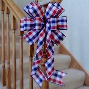 10" WIDE RED WHITE & BLUE BUFFALO PLAID PATRIOTIC BOW,  4TH OF JULY DECORATIONS